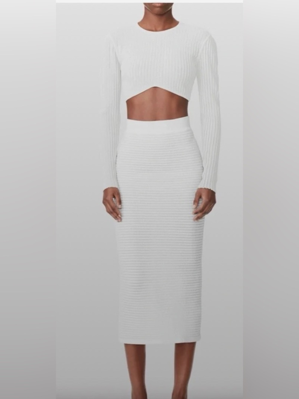 HERVE LEGER  SET Sheer Striped Midi Skirt + Cropped Top Alabaster  NWT